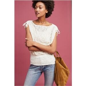 ANTHROPOLOGIE DELETTA sz XS Loretta cream stretch lace top w smocked waist EUC